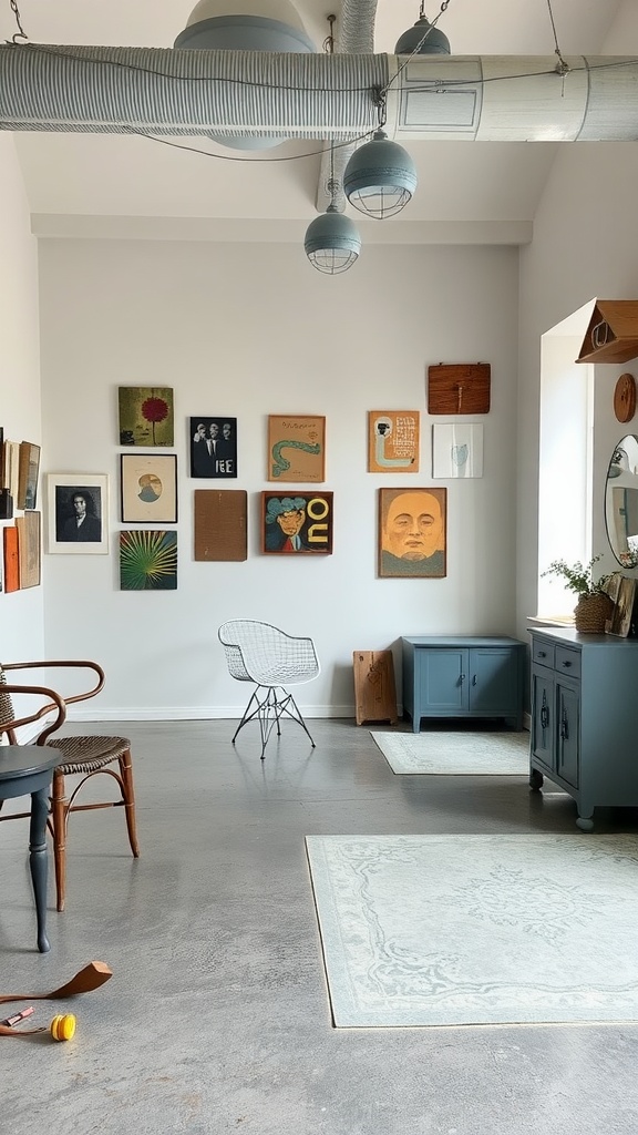 Interior space featuring distressed concrete floors, eclectic artwork, and modern furniture.