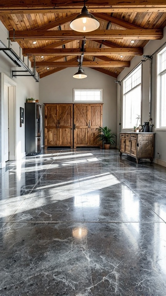 Interior of a barndominium garage with a polished epoxy floor and wooden beams.