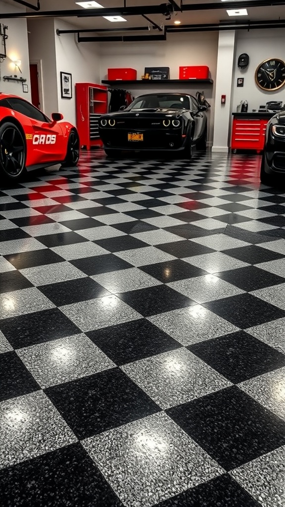 Vintage checkerboard epoxy garage floor design in black and white with luxury cars