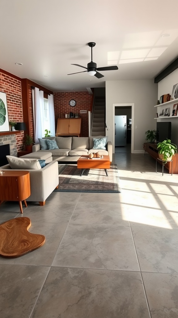 A cozy living room featuring polished concrete floors and a vintage brick wall.