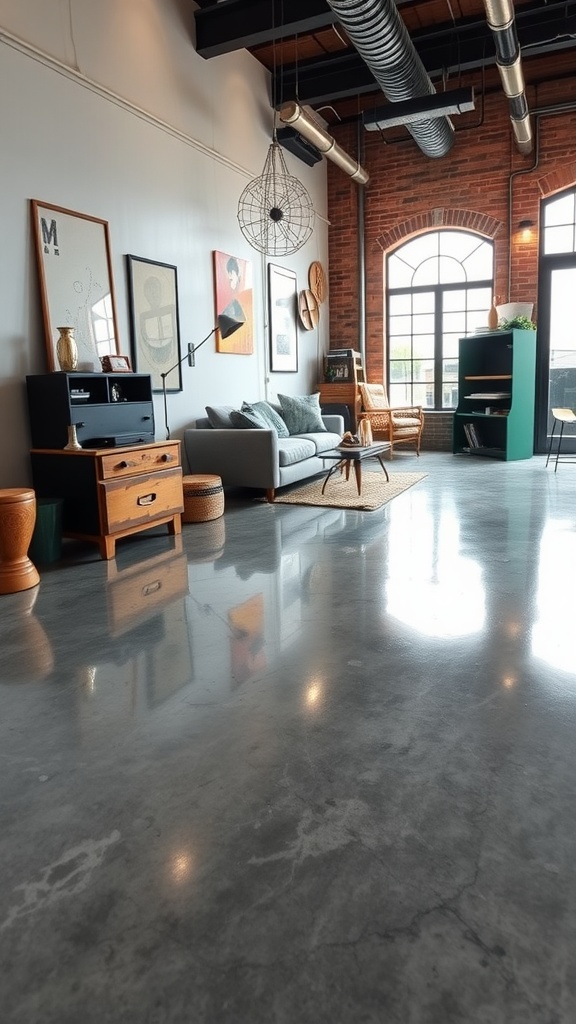 Living room featuring polished concrete floor with vintage industrial decor