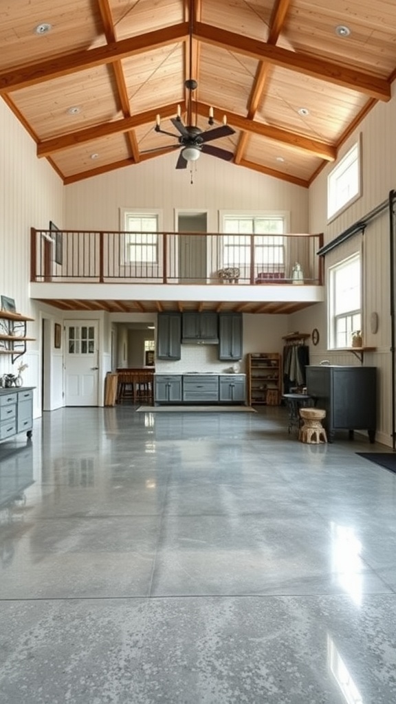 Interior of a barn-style home showcasing a shiny epoxy floor and a wooden ceiling