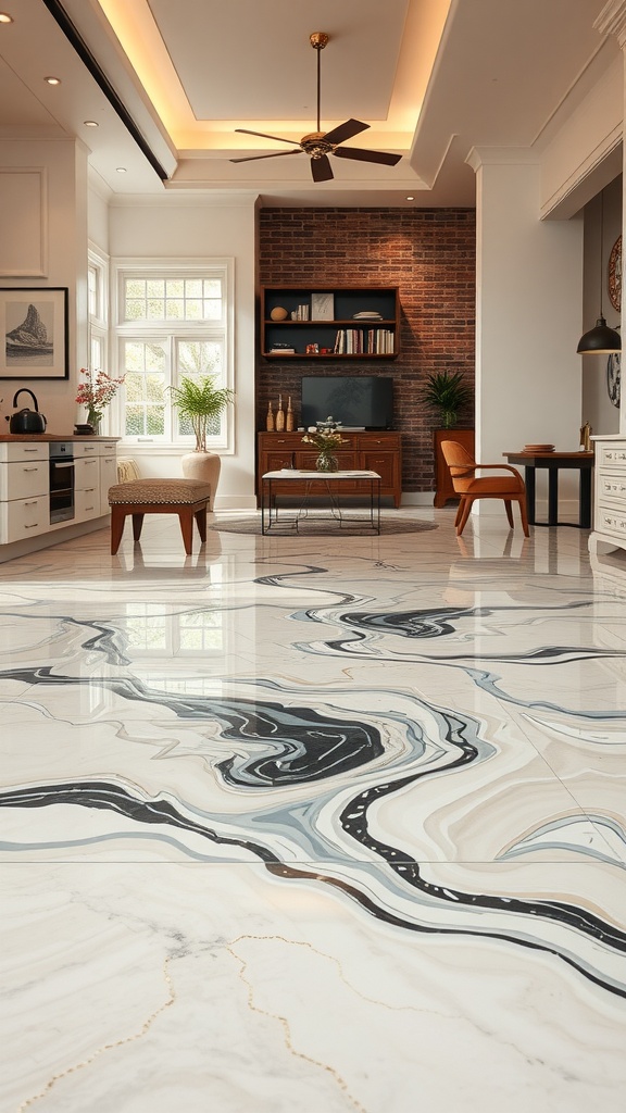 A beautifully designed vintage-inspired epoxy floor with swirling marble patterns in soft colors, enhancing a modern living space.