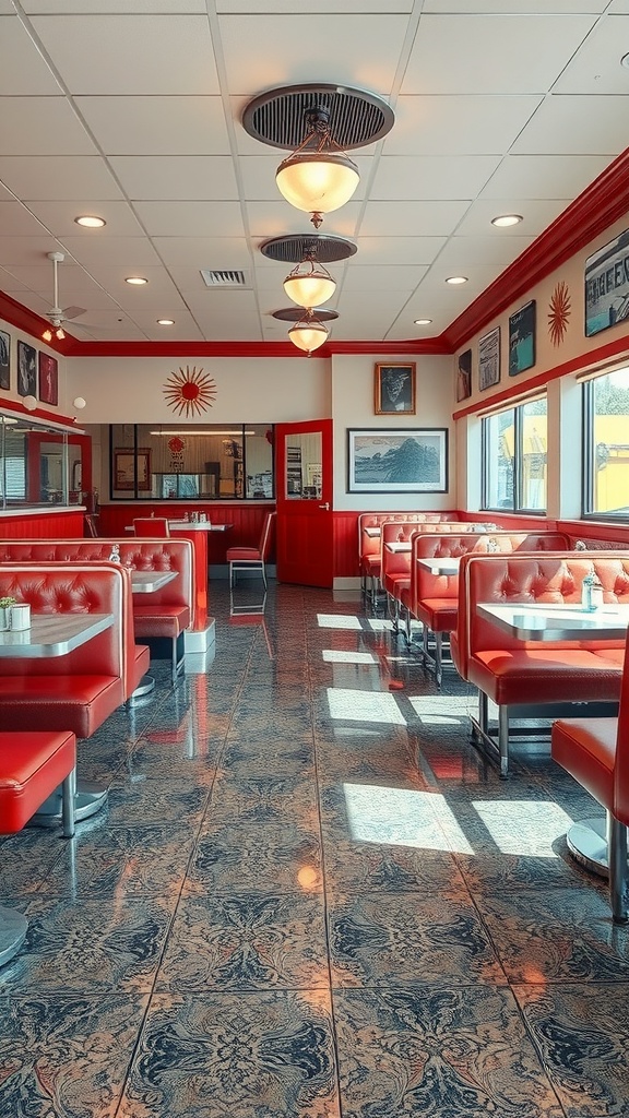 Interior view of a vintage-inspired space with marble concrete flooring and colorful walls