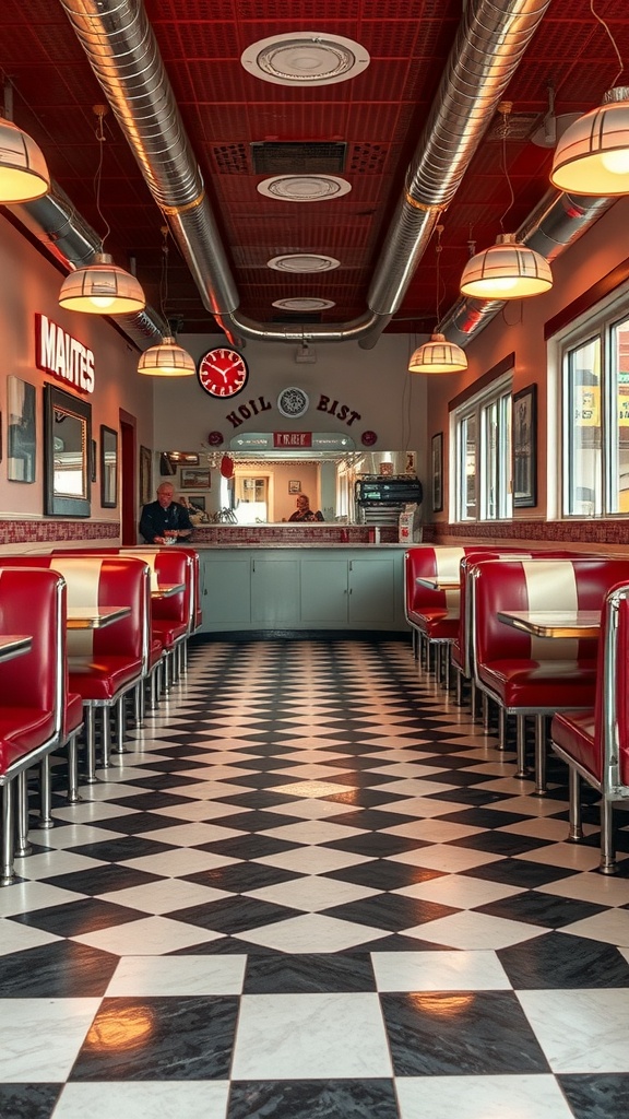 A vintage diner interior featuring a classic black and white checkerboard floor