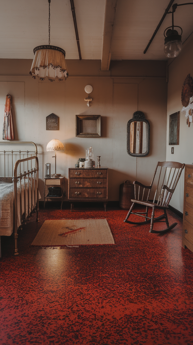 A cozy bedroom featuring a vintage design with a red and black epoxy flake floor.