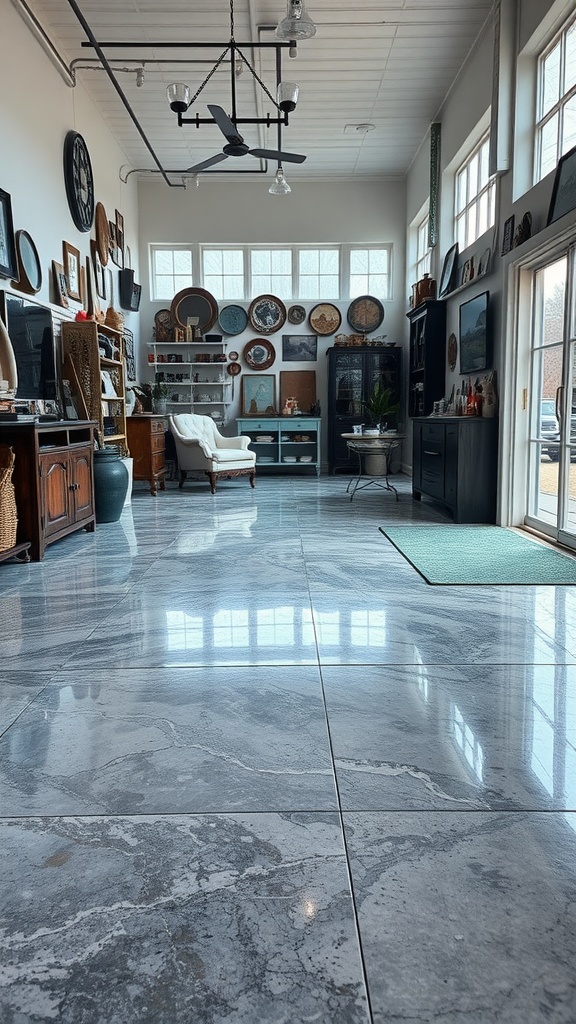 Interior space featuring shiny epoxy flooring in vintage jewel tones with elegant decor