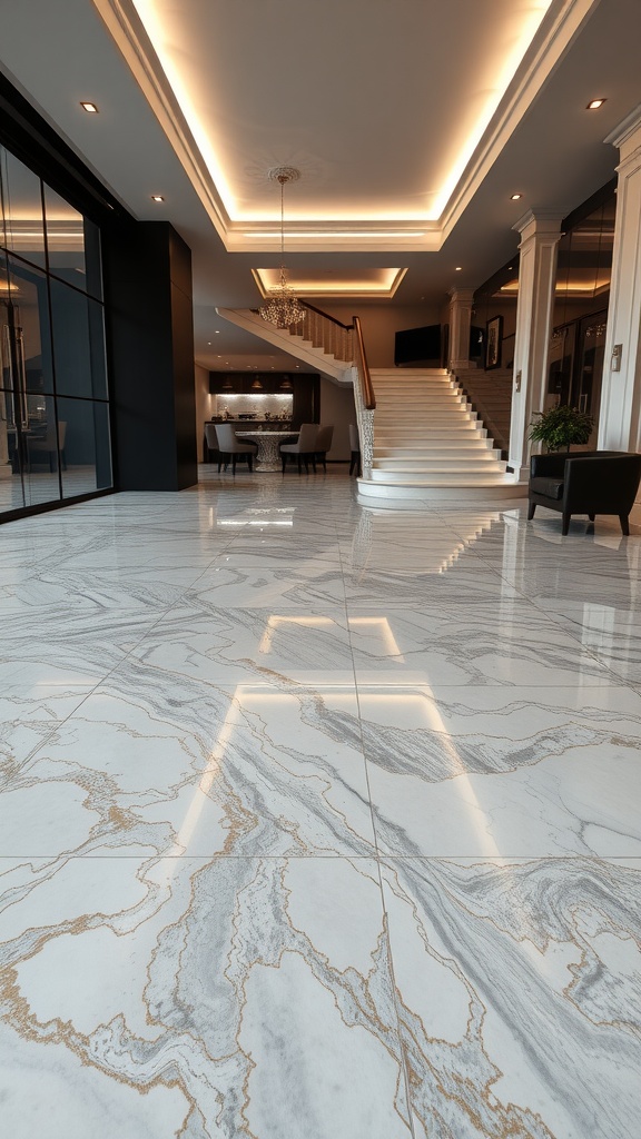 A luxurious entryway featuring a marble-look epoxy floor with elegant veining in gold and gray tones.