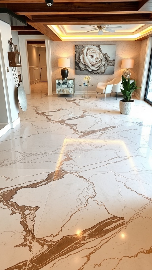 Interior space featuring vintage marble epoxy flooring with intricate patterns and warm tones.