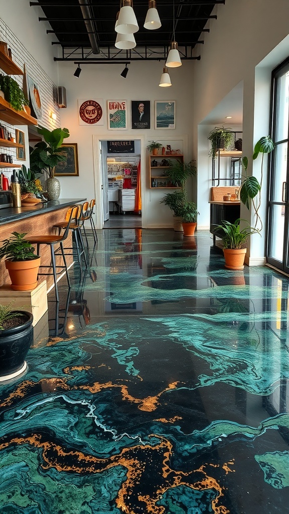 A stylish cafe interior featuring vintage mosaic epoxy flooring in shades of green and gold.