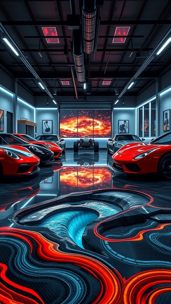 A modern garage with vintage retro designs and a striking epoxy floor featuring 3D patterns.