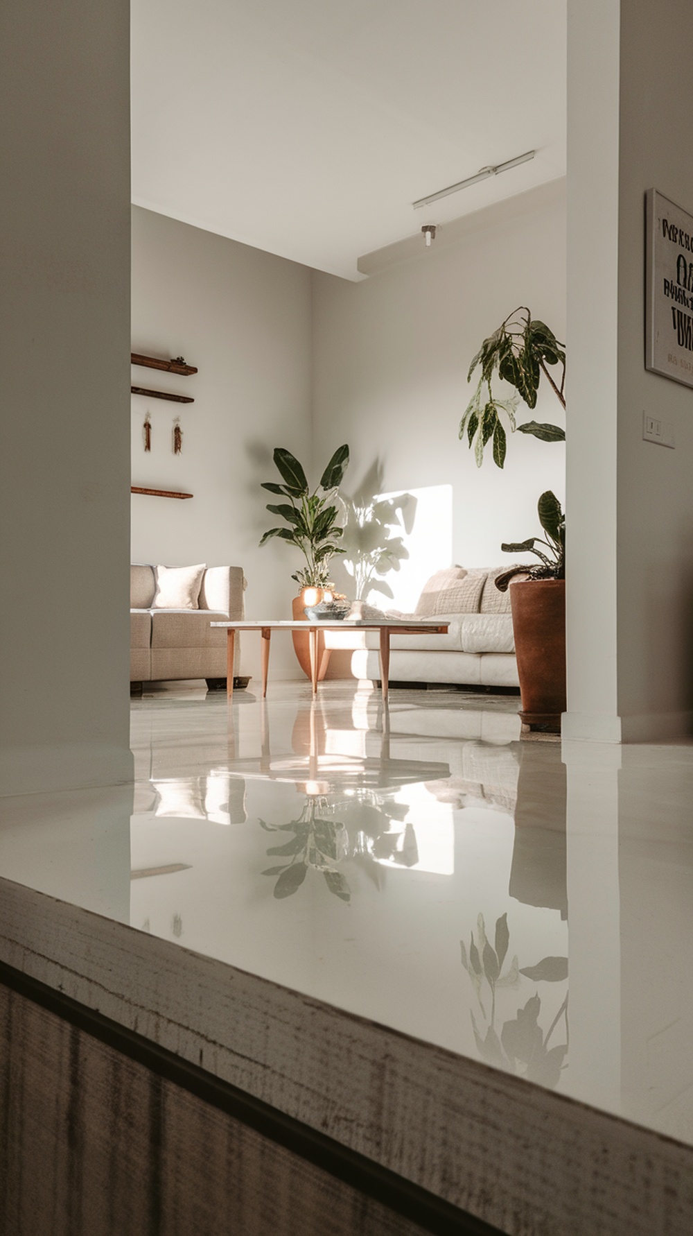 A bright living room with a glossy white epoxy floor, showcasing cozy furniture and plants.