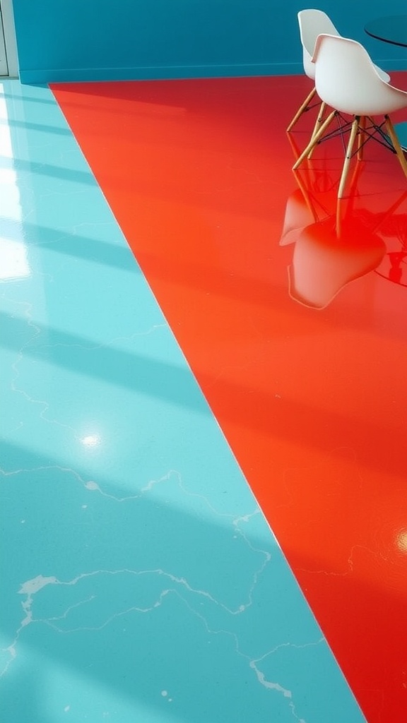 A stylish interior showcasing vintage retro resin flooring with bold colors and intricate designs.