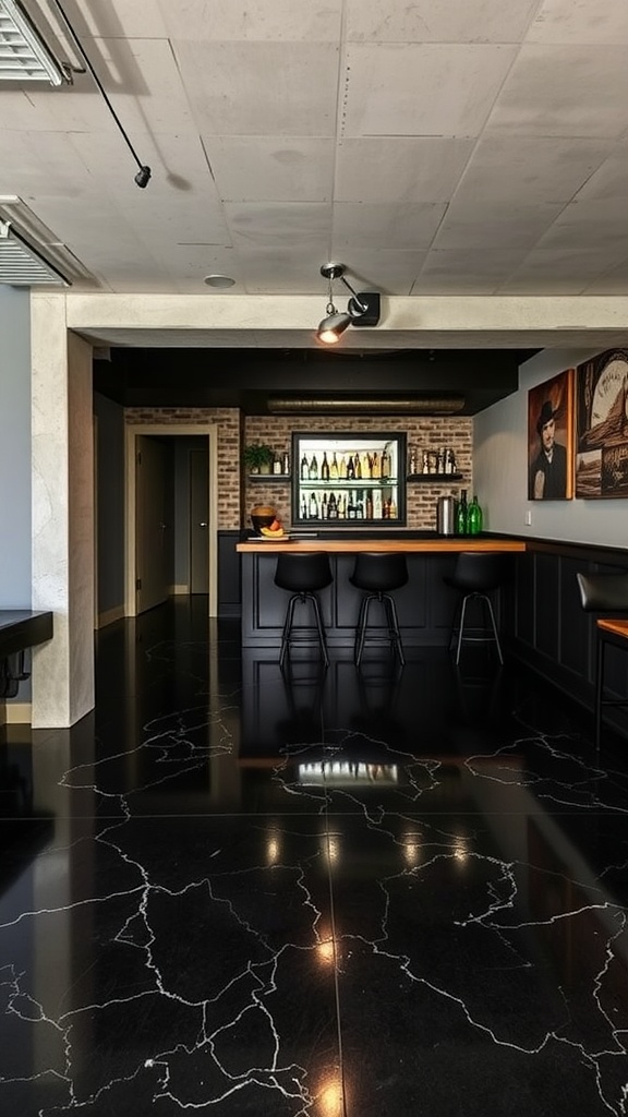 A modern basement bar with black epoxy floor and black ceiling, featuring a stylish bar area and exposed brick walls.