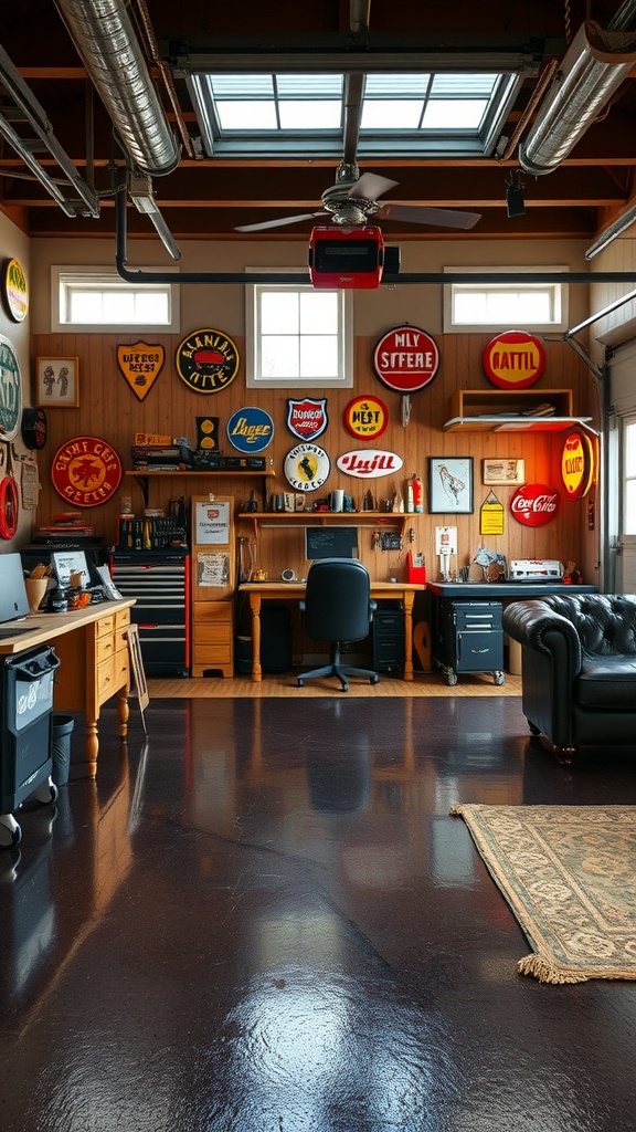 A well-decorated garage featuring vintage signage and a dark epoxy floor.