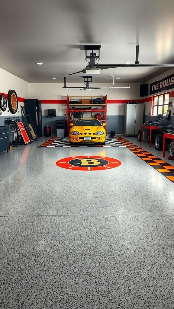 A vintage-style garage featuring a bright yellow car on an epoxy floor with a unique design.