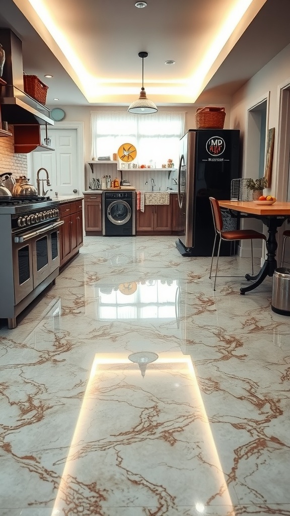 A modern kitchen featuring a beautiful marble epoxy floor with elegant lighting.