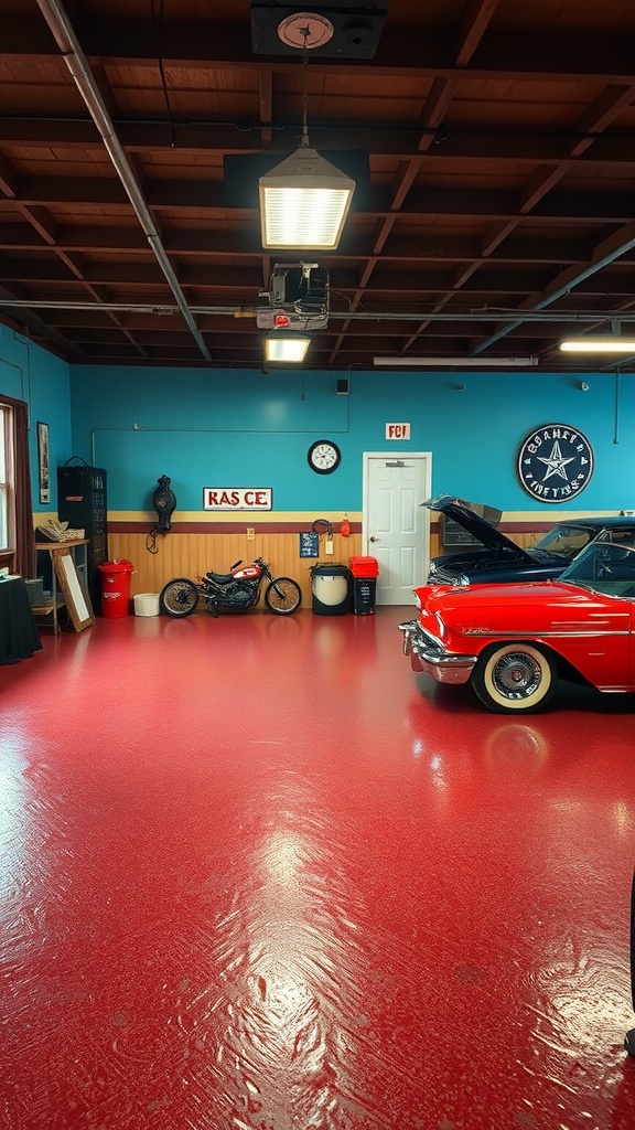 Garage with a vintage-style epoxy floor featuring a black and white checkered pattern.