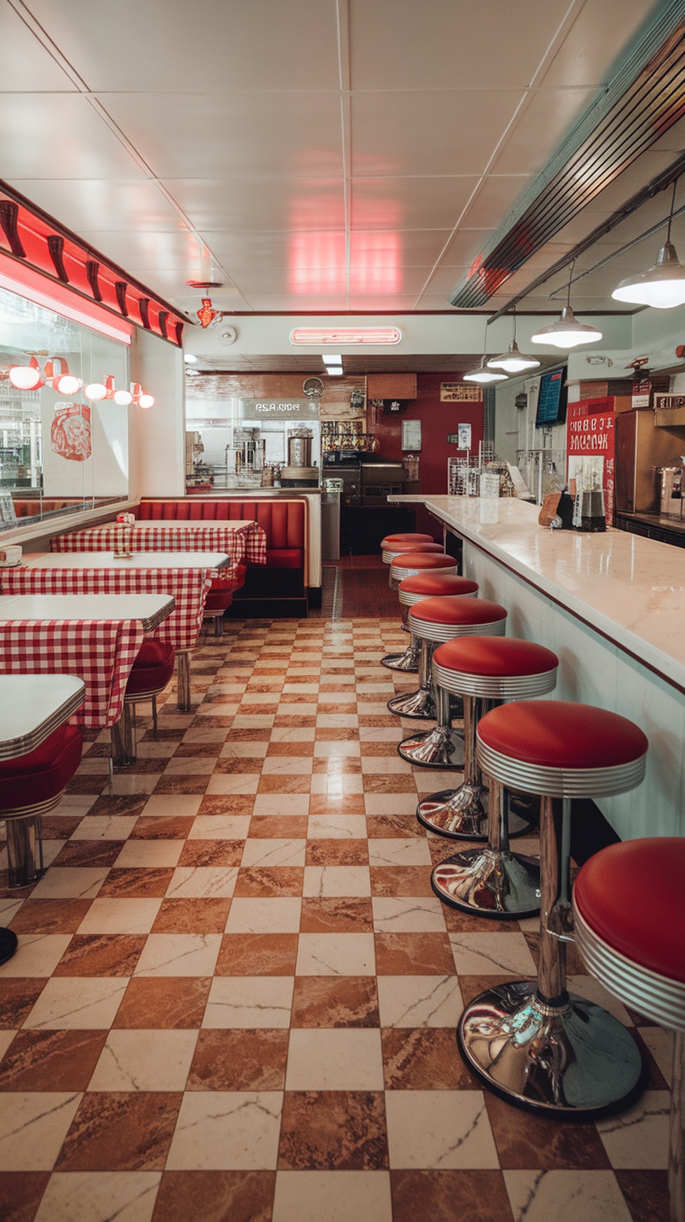 A vintage-style diner interior with checkered epoxy flooring and red accents.