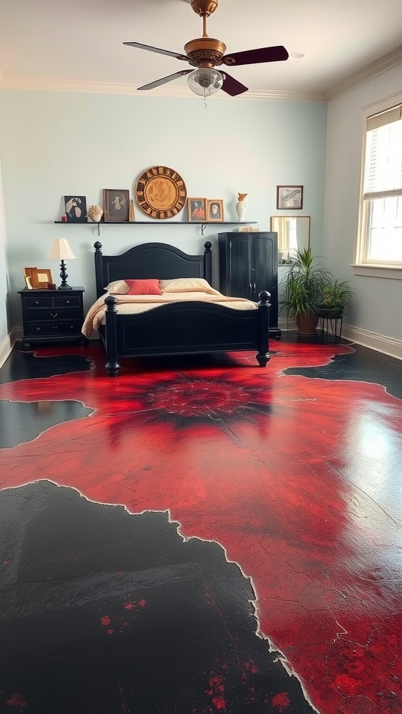 A cozy bedroom featuring vintage style epoxy flooring with intricate patterns in warm colors, complemented by retro furniture and wall art.