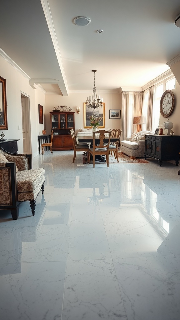 Interior view of a classic home featuring marble epoxy flooring, a dining area, and vintage furniture.