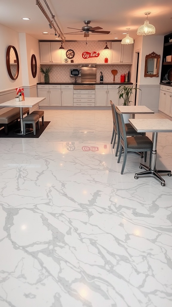 A stylish kitchen with white and grey marble look epoxy flooring.