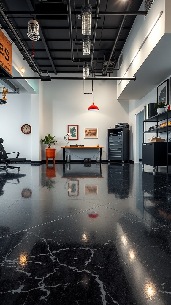 A modern office interior featuring a shiny black marble epoxy floor with stylish decor.