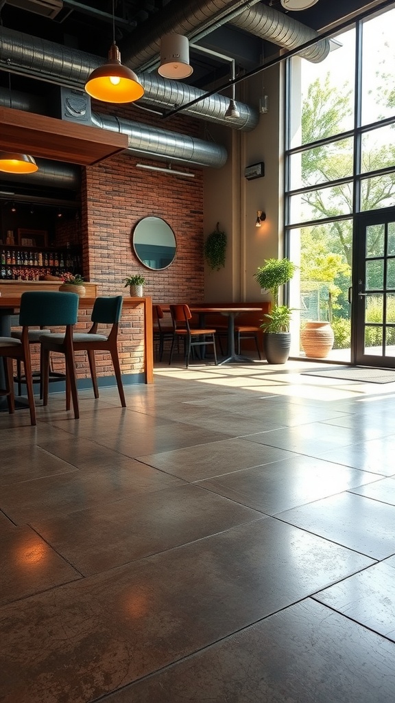 Interior view showcasing polished stained concrete floor in a stylish cafe setting