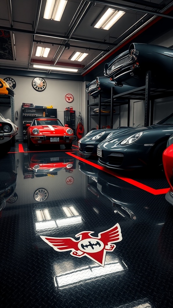 A stylish garage showcasing vintage cars and a glossy black epoxy floor with a logo.