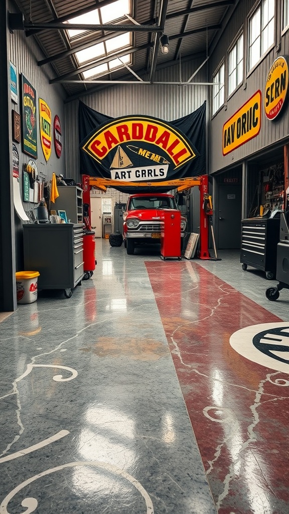 A vintage-style workshop featuring bold epoxy flooring in retro colors, with vintage signage and industrial design.