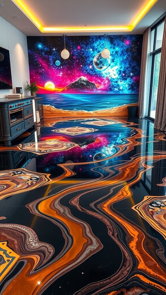 A beautifully designed vintage-style epoxy floor with retro hues in a stylish interior setting.