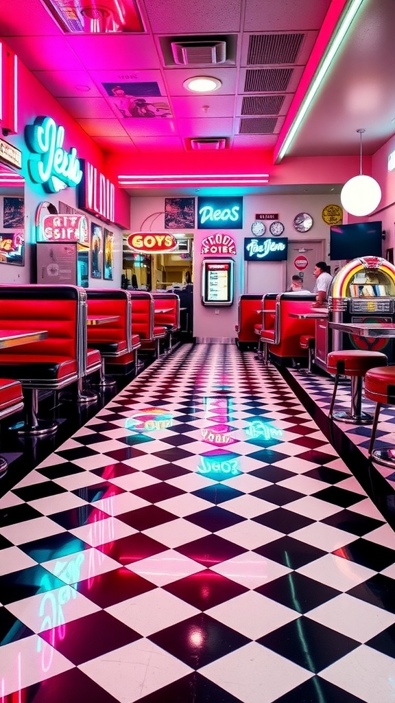 A restaurant interior featuring vintage tile design with glossy floor tiles, creating a warm and inviting atmosphere.