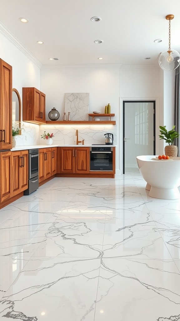 A kitchen featuring vintage tile design epoxy flooring with a marble look, complemented by wooden cabinets and modern fixtures.