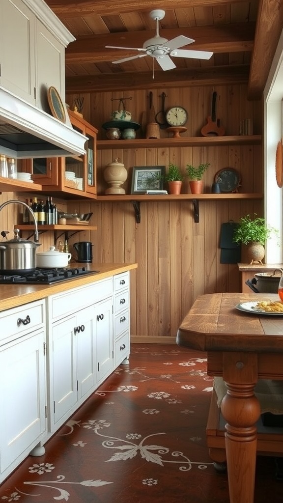 Kitchen with vintage tile effect epoxy flooring, showcasing intricate patterns and a modern design.