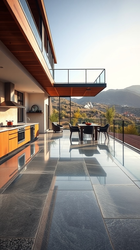Modern interior with vintage tile epoxy flooring in a hillside home