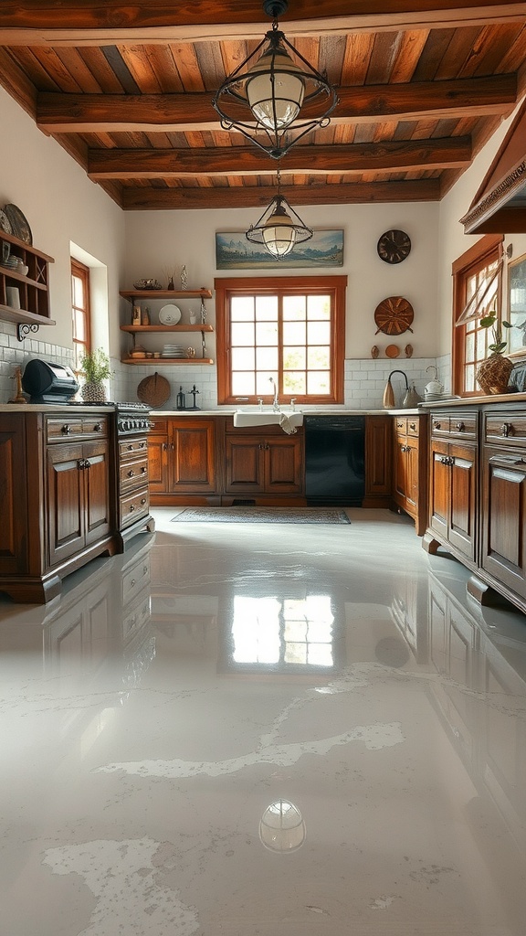 A modern kitchen with vintage tile epoxy flooring featuring swirls and warm tones, complemented by blue cabinetry and wooden beams.