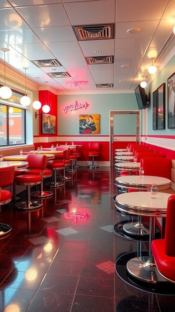 A diner interior featuring vintage tile epoxy floors with red, blue, and white diamond patterns.