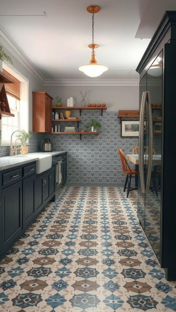 A kitchen featuring vintage tile epoxy flooring with bold patterns and a cozy atmosphere.