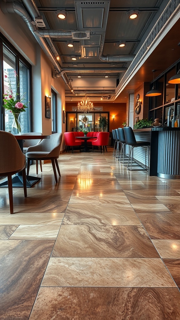 Interior space featuring vintage tile epoxy flooring with warm tones and cozy seating arrangements.