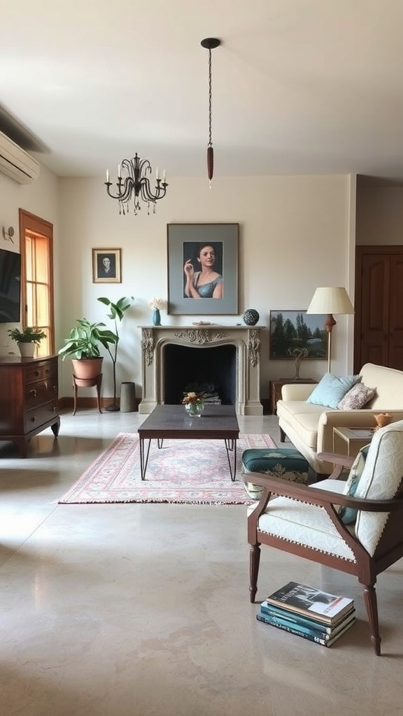 A cozy living room featuring a wood accent wall, polished cement floors, and stylish furniture.