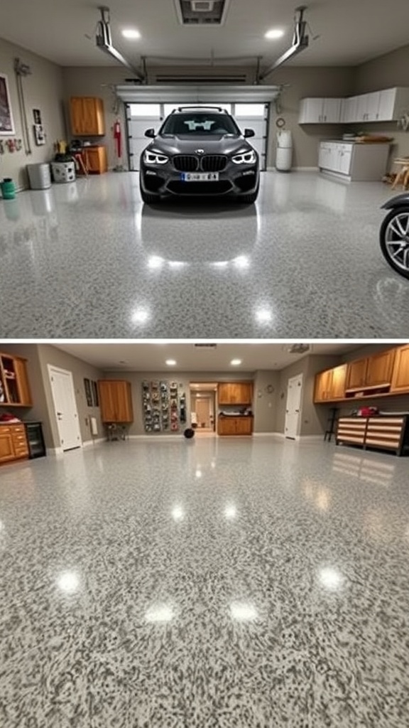 A modern garage with a speckled epoxy floor finish, showcasing a sleek and reflective surface.