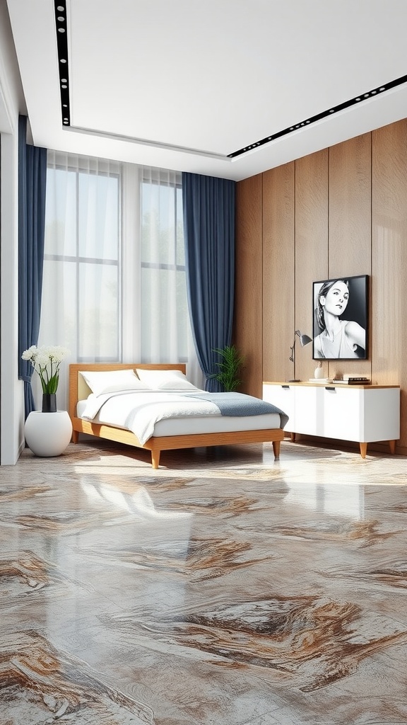A modern bedroom featuring epoxy flooring with a warm, natural design, a wooden bed, and elegant decor.