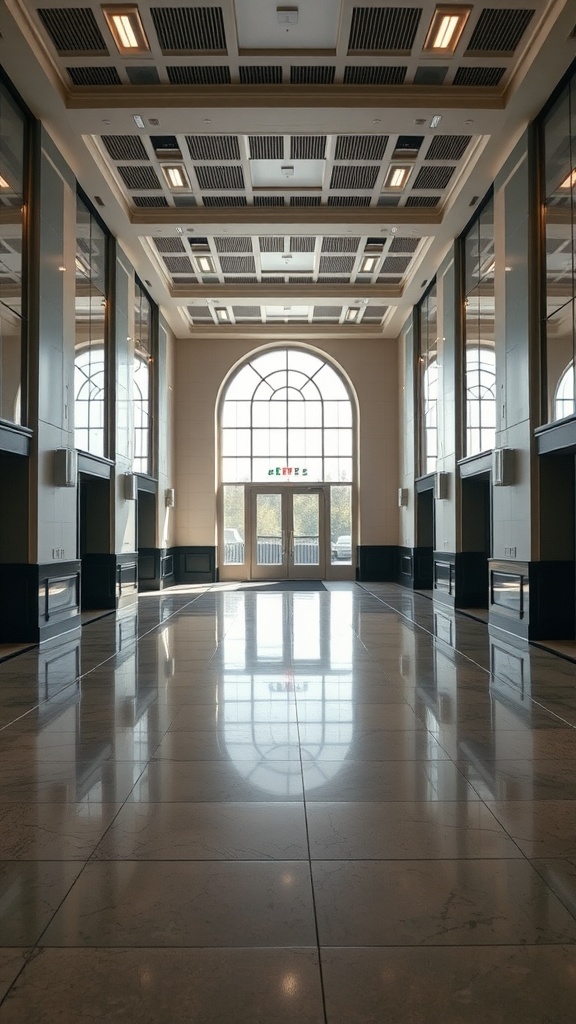A spacious entrance hall with a grand staircase and reflective epoxy flooring, showcasing large windows and a modern architectural design.