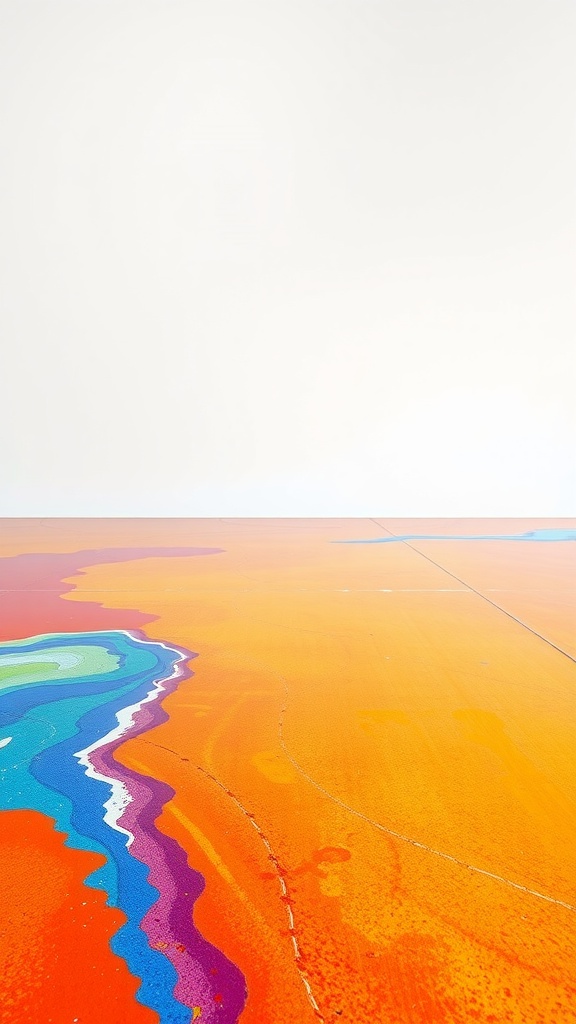A glossy epoxy floor featuring vibrant floral motifs in red, yellow, and pink against a white background.