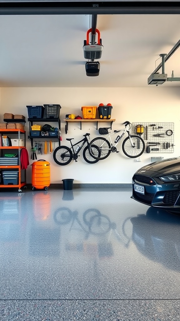 A well-organized garage featuring wall-mounted racks and epoxy flooring.