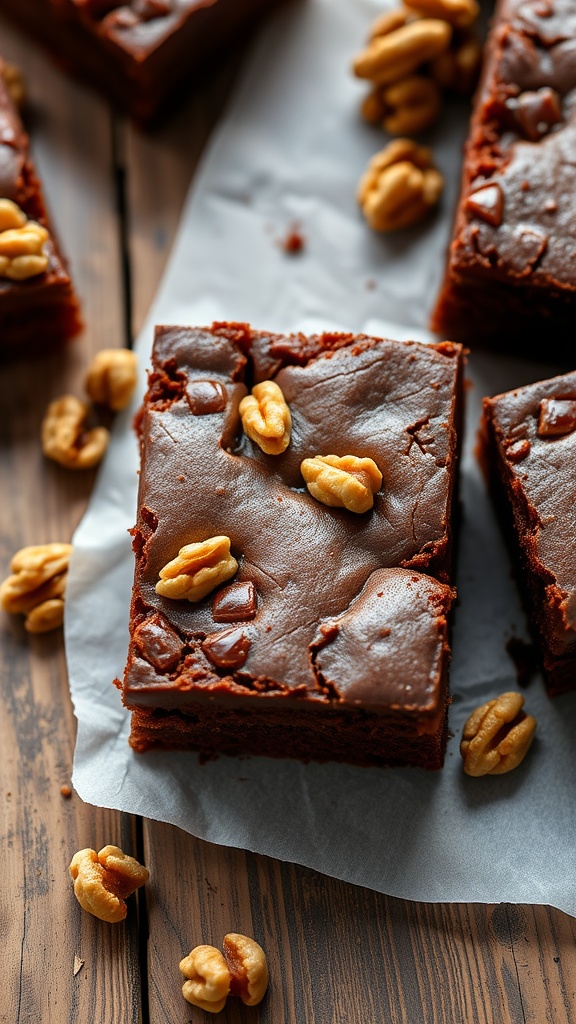 A plate of walnut-studded brownies, cut into squares and garnished with walnuts.