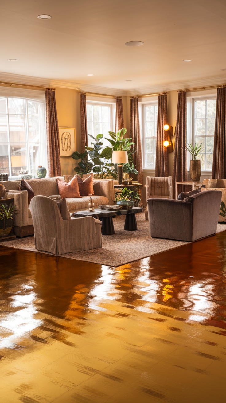 Living room with warm amber and honey epoxy floor, featuring plants and cozy seating