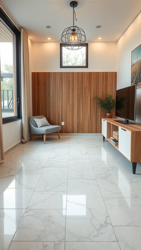 Living room featuring warm-toned epoxy floors, modern furniture, and natural light.