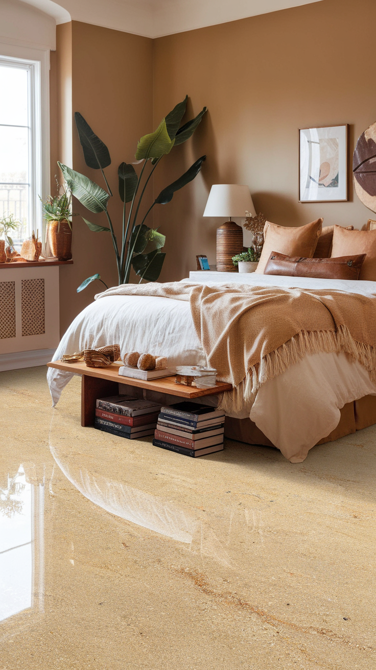 Cozy bedroom with warm beige and cream epoxy flake flooring, featuring a bed with soft linens and plants.