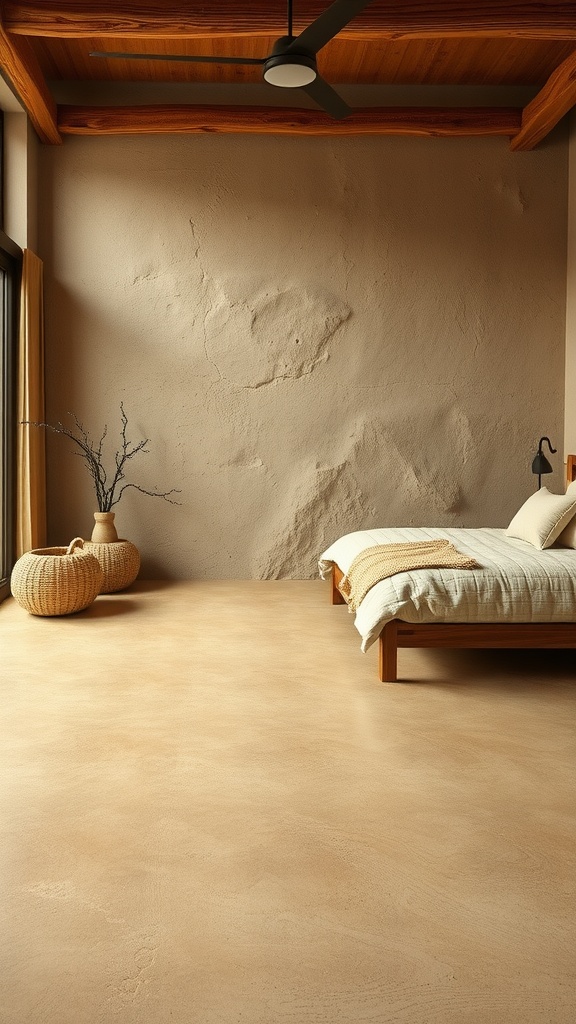 A cozy bedroom with warm beige epoxy flooring, wooden beams, and minimalistic decor.